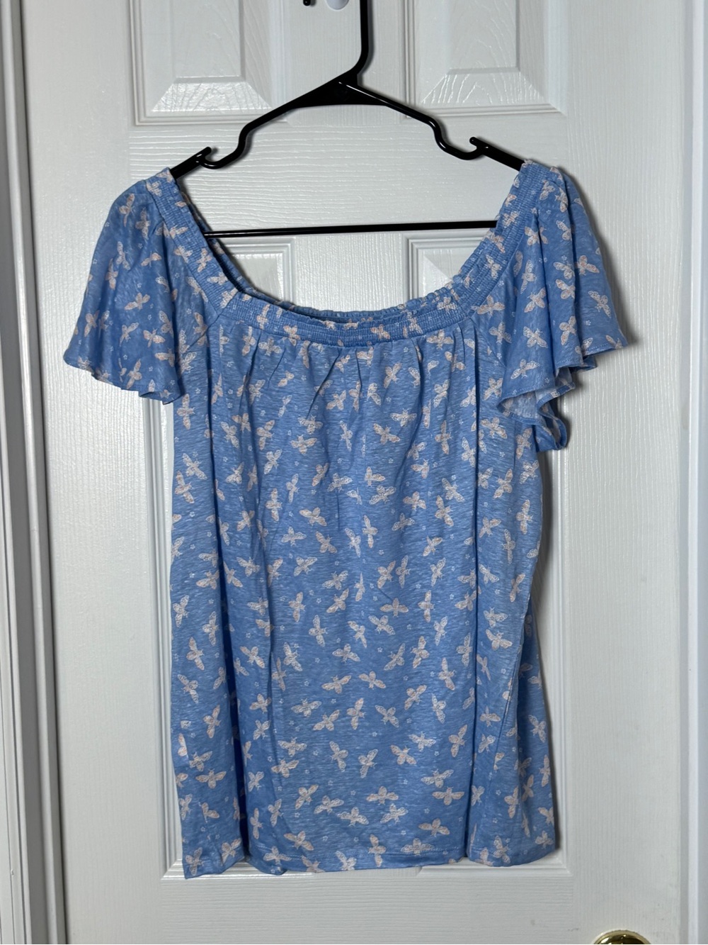 NWT LOFT Linen Bee Print Smocked Square Neck Flutter Sleeve Top Blue Size Large